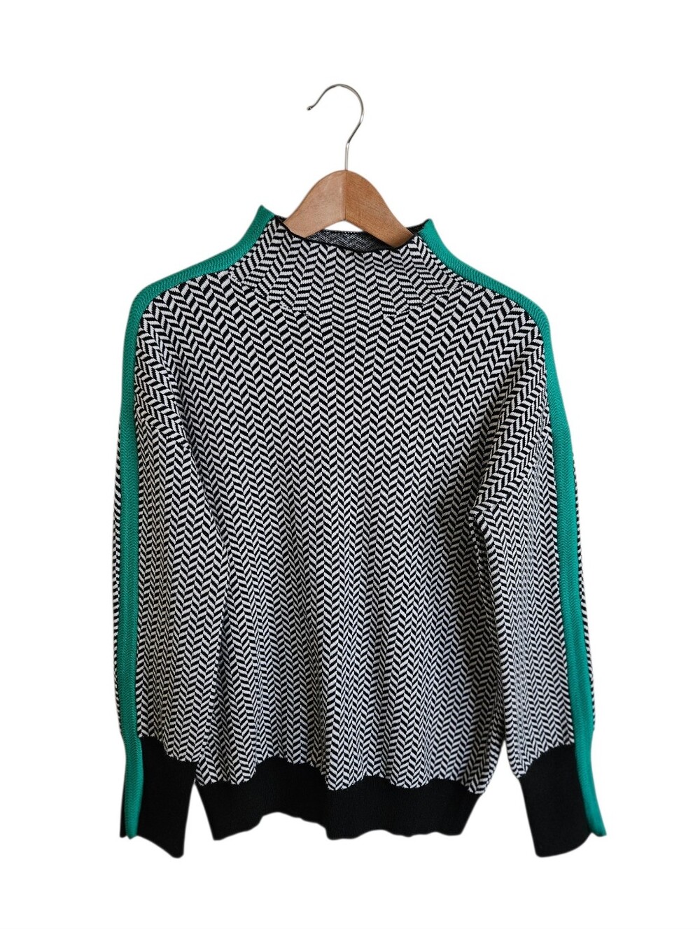 Women's Black & White Herringbone Print W/ Teal Mock- Neck Sweater  Size S